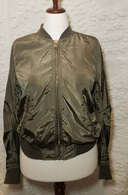 Casual Biker Bomber It Girl Jacket Olive Green W/ Gold Zippers Size Medium